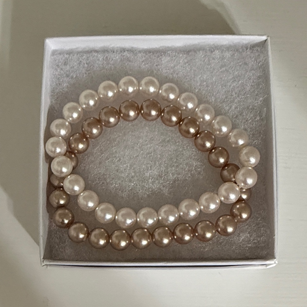 Pearl Bead Stretch Bracelet Duo - Cream & Champagne